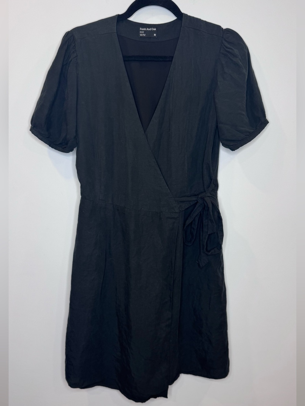 Frank and Oak Black Wrap Dress with Tie Waist lyocell linen blend sz medium